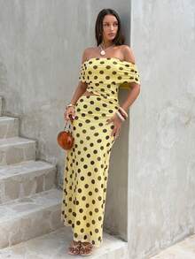 Firerie Vestido largo súper elegante y sexy con estampado de lunares marrones sobre base amarilla, con hombros descubiertos, fruncido y calado. Adecuado para vacaciones, invitada de boda, vestido de cumpleaños, salida, ceremonia de graduación, regreso a casa, vacaciones, fiestas y otras ocasiones. - Multicolor - Ver 5