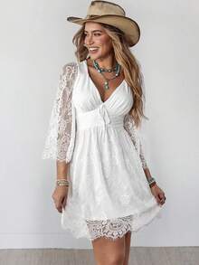 Wildy Robe d'été de base à taille cintrée, style bohème, patchwork de dentelle, pour festival de musique country western - Blanc - Voir 4