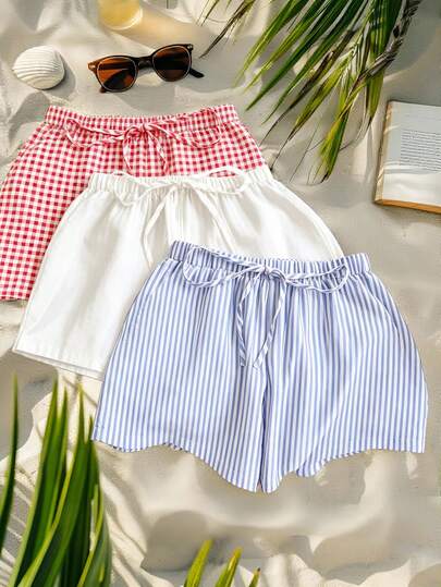 Veykashi Set de 3 pantalones cortos casuales y versátiles para uso diario con cordón en la cintura para mujeres de talla grande
