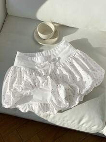 Comfortcana Summer Casual Red Polka Dot Print Drawstring Waist Ruffle Hem Shorts - White - View 7