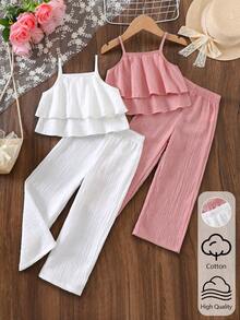 Elladie kids 4pcs/Set Young Girl Solid Color Camisole Top And Pants Casual Daily Wear - Multicolor - View 3