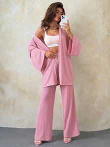 SHEIN Women's Two Pieces Set In Solid Pink – Kimono And Wide Leg Pants - Pink - View 3