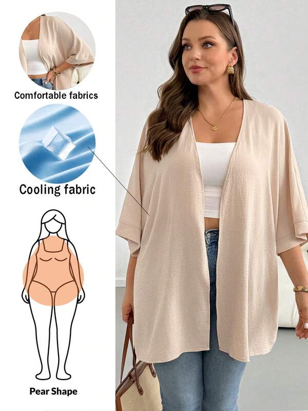 Shapeblank Plus Size Women's Spring/Summer Fashion Casual Loose Cool Comfortable Daily All-Match Versatile Slimming Apricot Short Sleeve Open Front Top, Summer, Outing Top, Vacation, Minimalist Style, European Summer