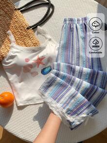Comfortcana 2件套女士休闲黄色蕾丝边吊带背心和条纹裤，返校季 - 白色 - 查看 5