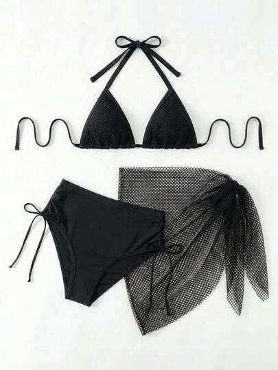 Swim Vcay Bộ bikini nữ size lớn đi biển mùa hè màu trơn dây buộc cổ gợi cảm kèm áo khoác ngoài và chân váy