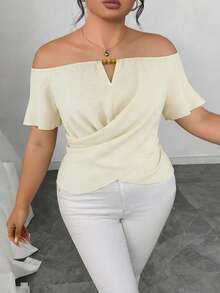 INAWLY Plus Size Women Solid Color Off-Shoulder Ruched Casual Versatile Daily Wear Top - Apricot - View 8