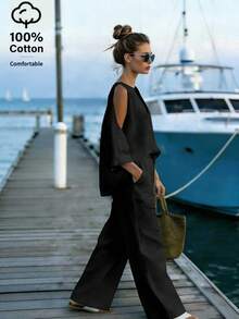 EMERY ROSE Women's Off-Shoulder V-Neck Blouse And Cotton Pants 2 Pieces Set - Black - View 5