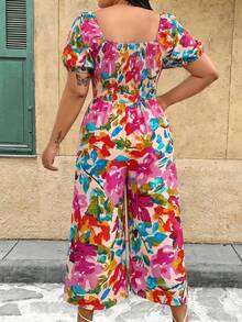 Ceyna Plus Size Floral Print Jumpsuit, Casual Holiday Style - Hot Pink - View 2