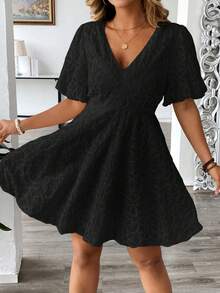 Vionelle Plus Size Women's Spring/Summer French Elegant Romantic Brunch Formal Vacation Jacquard V-Neck Cinched Waist A-Line Puff Sleeve Dress Black - Black - View 3
