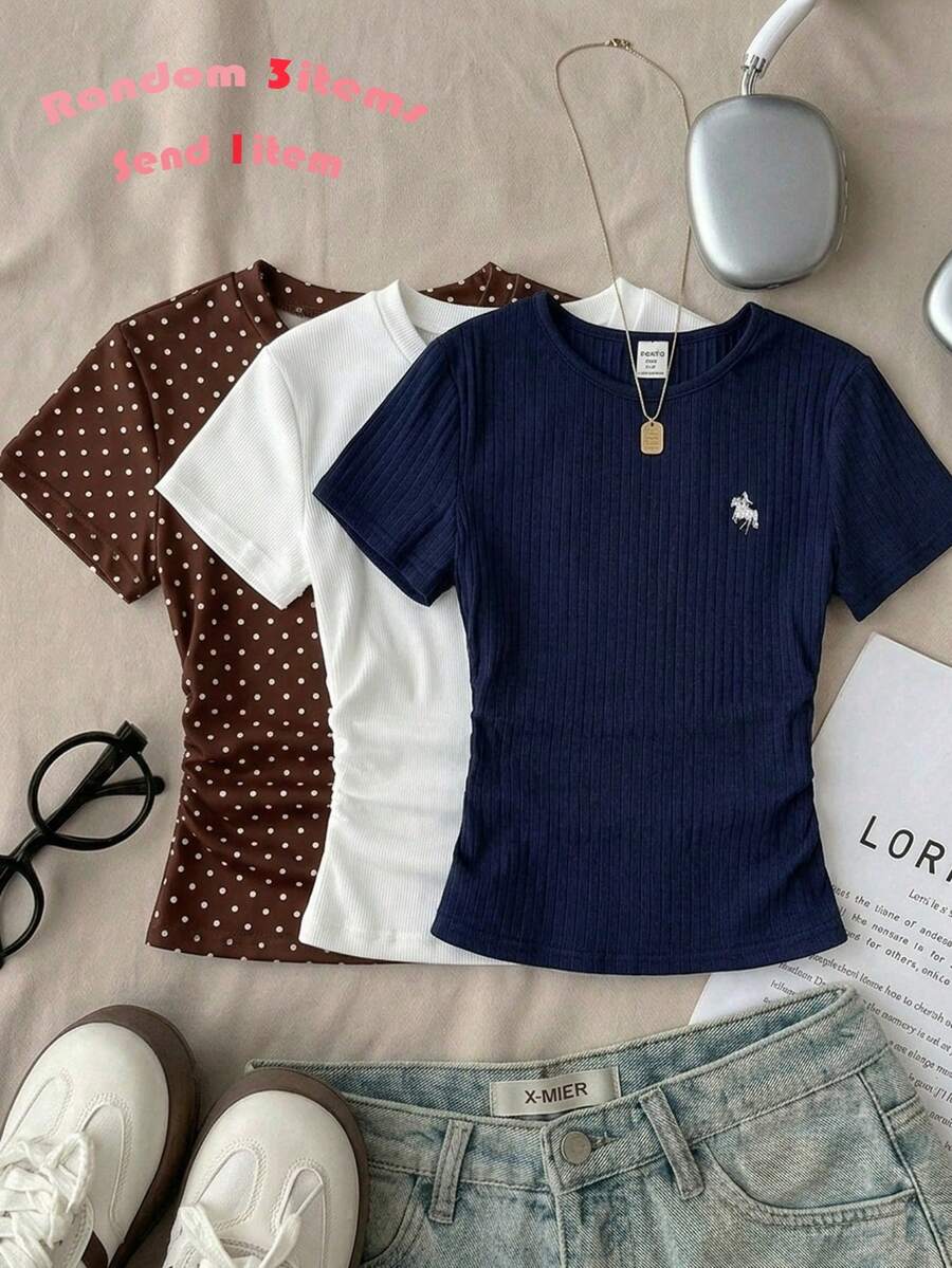 SHEIN 少女休闲修身圆领褶皱短袖T恤,适合夏季穿着 - 彩色 - 查看 1