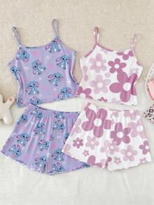 4pcs/2sets Girls Cute Rabbit Print Camisole & Shorts Casual Comfortable Homewear Set, Suitable For Indoor & Outdoor Wear, Fashionable & Elegant - Multicolor - View 2