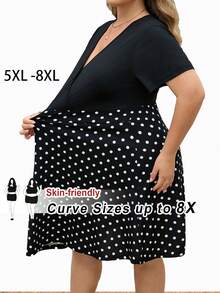 SHEIN CURVE+ Plus Size V-Neck Casual Vacation Polka Dot Print Patchwork Short Sleeve Dress - Black and White - View 1