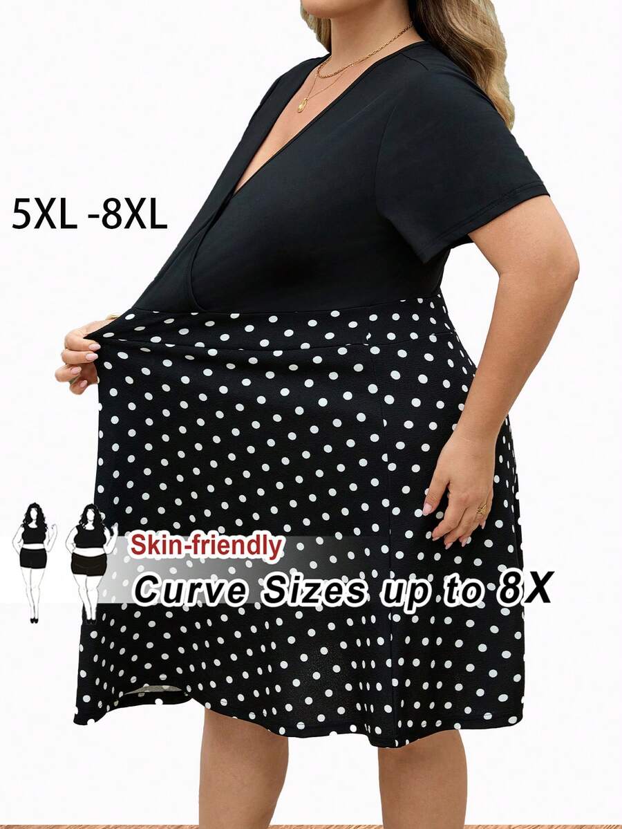SHEIN CURVE+ Plus Size V-Neck Casual Vacation Polka Dot Print Patchwork Short Sleeve Dress - Black and White - View 1