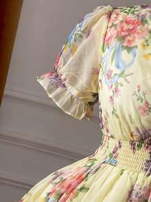 SHEIN Clasi New Short Sleeve Cake Tulle Floral Dress, Suitable For Birthday Party, Afternoon Tea Gathering, Valentine's Date, Wedding, Evening Party - Light Yellow - View 3