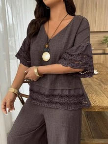 Weeklong 2pcs/Set Plus Size Women's Floral Trim Sleeve & Hem Round Neck Loose Top And Straight Leg Pants, Suitable For Vacation And Daily Wear, Spring/Summer - Brown - View 3