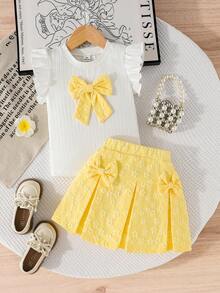 Elladie kids 女童夏季无袖上衣，饰有3D蝴蝶结，搭配黄色3D花卉图案半身裙，腰间也饰有蝴蝶结，适合休闲、优雅、可爱的日常/假日穿着。 - 黃色 - 查看 11
