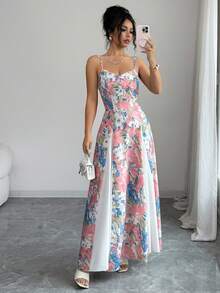 Modelyn Vestido midi con estampado floral francés, tirantes finos y falda acampanada, estilo elegante para vacaciones - Multicolor - Ver 5