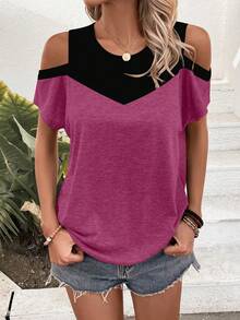 EMERY ROSE Color Block Open Shoulder T-Shirt Graphic Tees Women Tops Goin Out Black Summer - Purple - View 4