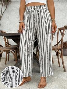 SHEIN VCAY Quần ống rộng kẻ sọc phong cách Bohemian dành cho nữ cỡ lớn, có dây rút ở eo và gấu quần xếp ly. - trắng - Xem 1