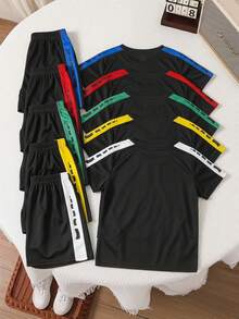 SHEIN 10pcs Kids Boys Colorful Patchwork Sports Outfit Set, Suitable For School, Outdoor Sports, Daily Training And Basketball, Mesh Sports Shorts - Multicolor - View 3
