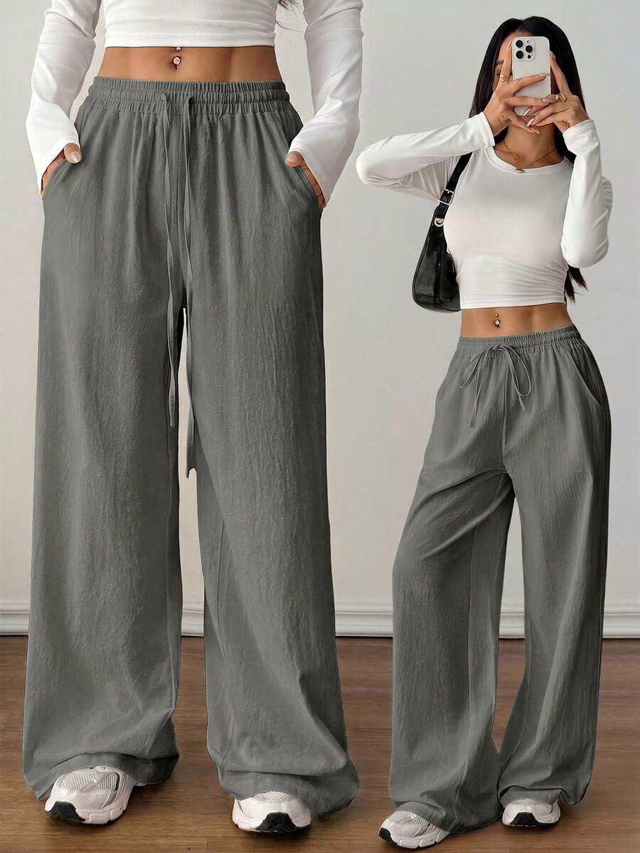 SHEIN PETITE 女款灰色夏季休閒居家服,100%純棉水洗長褲,波西米亞風海灘度假穿搭,極簡圓弧下擺基礎長褲,適合秋季鄉村音樂會,小個女款 - 灰色 - 查看 1