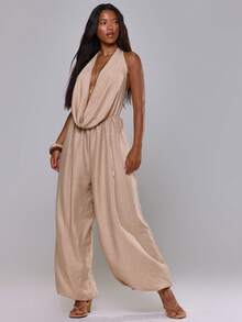 MUSERA MUSERA Bộ jumpsuit ống rộng, cổ đổ, xẻ sâu, thích hợp cho kỳ nghỉ hè, phong cách Ibiza, boho, thanh lịch và thường ngày. - Màu Khaki - Xem 5