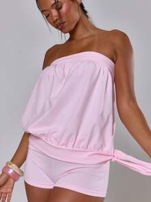 MUSERA Bộ đồ gồm áo quây không dây và quần short ngắn buộc dây, thích hợp cho mùa xuân hè, kỳ nghỉ, phong cách Ibiza, boho, thanh lịch, thường ngày, lễ hội, và những vệt rám nắng. - Hồng - Xem 2