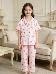 SHEIN Genkimix Kids 女童甜美花卉蝴蝶结印花短袖开衫上衣和宽松长裤两件套休闲睡衣套装 - 淺粉色 - 查看 5