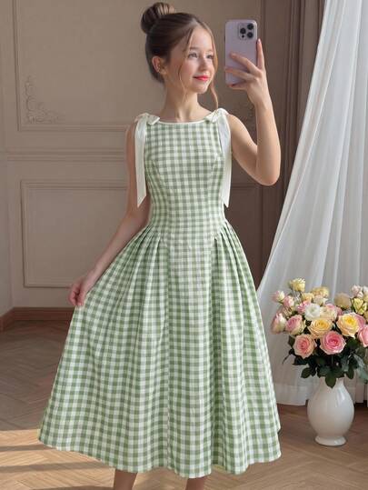SHEIN Vestido de niña preadolescente de primavera/verano con lazo en la cintura de color contrastante, estilo campestre, casual, elegante y versátil para uso diario, adecuado para ceremonias, fiestas y toda ocasión, nuevo vestido para niñas