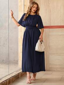 Roveilla Đầm maxi nữ cỡ lớn mùa xuân/hè kiểu Pháp lãng mạn Sicily thanh lịch thường ngày đi làm, đi nghỉ mát, dự tiệc trà chiều, chất liệu chiffon màu trơn, cổ tròn, eo xếp ly, gấu váy xếp tầng, có lớp lót, không tay. - Màu xanh hải quân - Xem 4