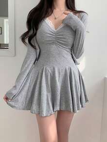 DAZY Solid Ruched Cami Dress & Open Front Jacket, Ruffle, Women Two Pieces Sets,Fall Women Clothes Lounge Sets For Women - Grey - View 9