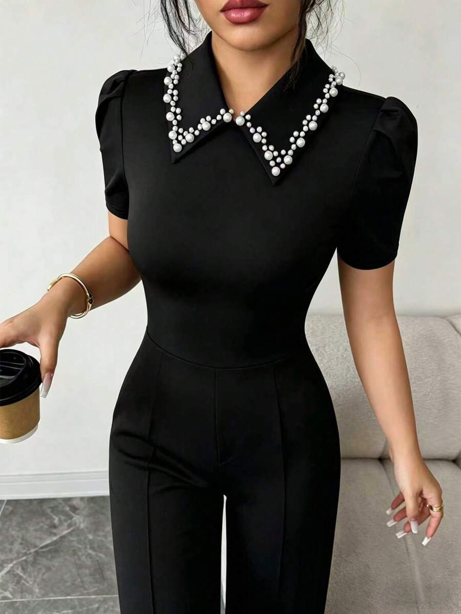 SHEIN Elenzya Bộ jumpsuit tay cánh hoa cổ ngọc trai đen, dáng suông ôm eo, thanh lịch, phù hợp cho cả công sở và phong cách tối giản thường ngày. - màu đen - Xem 1
