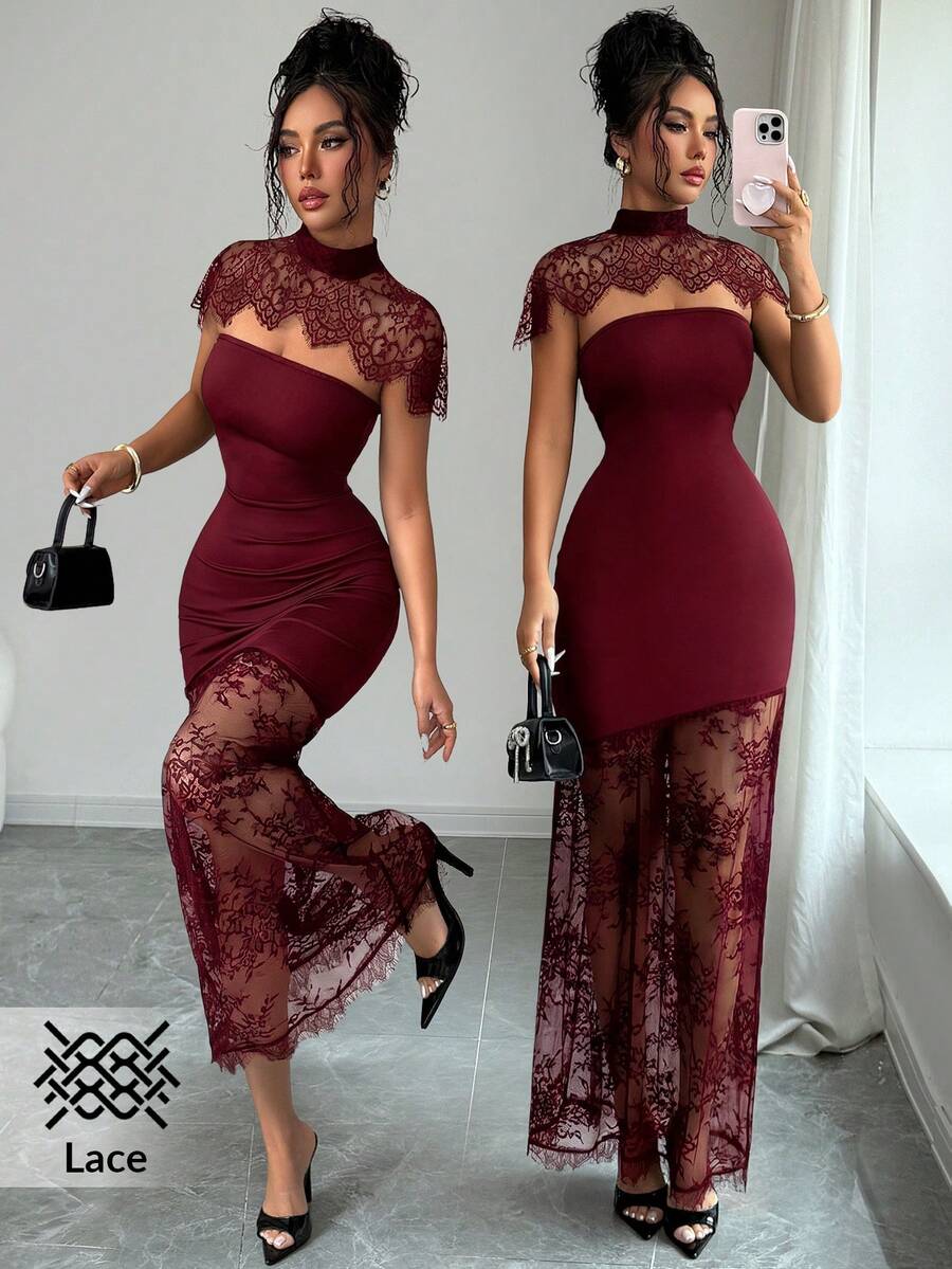 SHEIN Elenzya Đầm nữ thanh lịch ôm dáng, thiết kế ren tương phản khoét rỗng. - Màu Đỏ Sâu - Xem 1