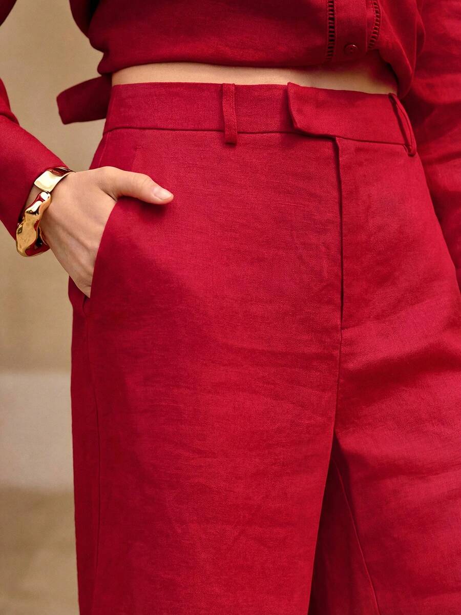 MOTF PREMIUM LINEN RED STRAIGHT-LEG PANTS - Red - View 2