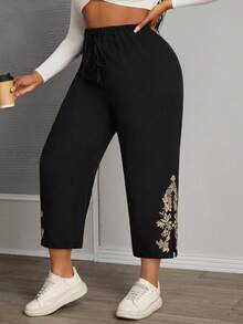 SHEIN PETITE CURVE Quần nữ cỡ lớn thêu họa tiết, cạp cao kiểu túi giấy, phong cách mùa xuân, cạp cao thanh lịch, quần đen thường ngày, dáng rộng. - màu đen - Xem 4