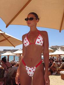 Bonvoyette New Cherry Print Contrast Trim Bikini, Sexy Backless Beach Holiday Swimsuit 2 Pieces Set, Spring/Summer - Multicolor - View 1