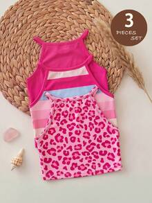 SHEIN Bộ 3 áo thun dệt kim cho bé gái, họa tiết sọc và da báo. - Nhiều màu - Xem 2