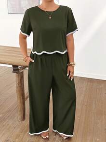 Lounesse Plus Size Women Holiday Round Neck Embroidered Ruffle Hem Blouse And Pocket Pants 2 Pieces Set - Dark Green - View 3