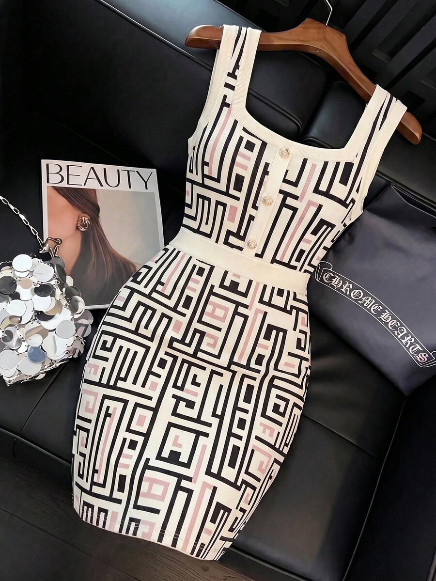 Franclia Vestido de punto con estampado geométrico en blanco y negro, tela suave y elástica, silueta ajustada. Estilo minimalista y moderno, adecuado para ir al trabajo, citas y ocasiones casuales, uso versátil. - Multicolor - Ver 1