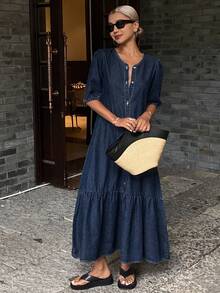 Dazy Tall Vestido vaquero de manga corta y cuello redondo para vacaciones, vestido de sol para mujeres - Azul lavado oscuro - Ver 8