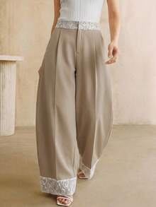 Anewsta Quần ống cong hiện đại, thanh lịch, phối ren, dáng rộng, rủ nhẹ dành cho nữ. - Màu Khaki - Xem 3