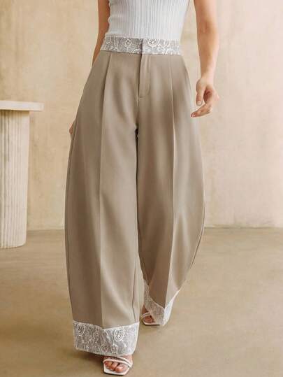 Anewsta Elegant Fashion Modern Curved Leg Pants, Lace Patchwork Loose Drape Women's Trousers