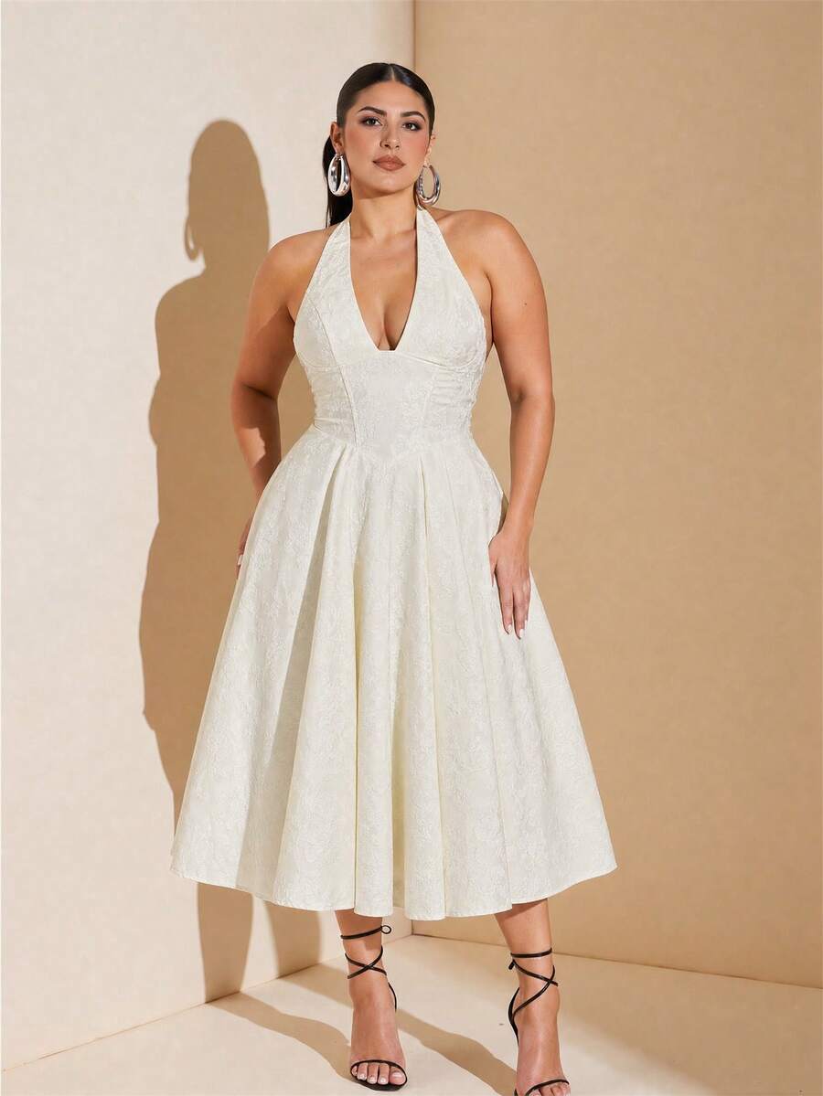 SHEIN BAE CURVE 大码优雅纯色提花露背吊带连衣裙,夏季 - 白色 - 查看 1
