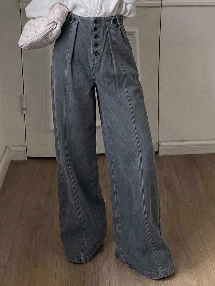 Solid Color Distressed Washed Loose Wide Leg Pleated Casual Street Style Women Long Pants, Spring/Summer