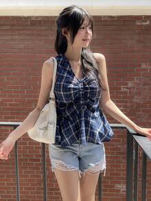 DAZY Top casual de verano sin mangas con cuello en V y vuelo, chaleco de mujer - Azul Marino - Ver 5