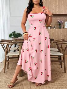 Weeklong Plus Size Women's Cherry Print Spaghetti Strap Dress, Casual Vacation Comfortable Outdoor Wear, Spring/Summer - Pink - View 6
