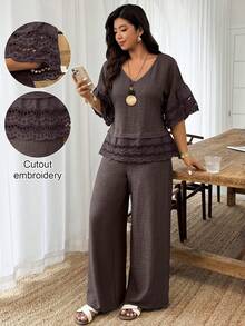 Weeklong 2pcs/Set Plus Size Women's Floral Trim Sleeve & Hem Round Neck Loose Top And Straight Leg Pants, Suitable For Vacation And Daily Wear, Spring/Summer - Brown - View 1