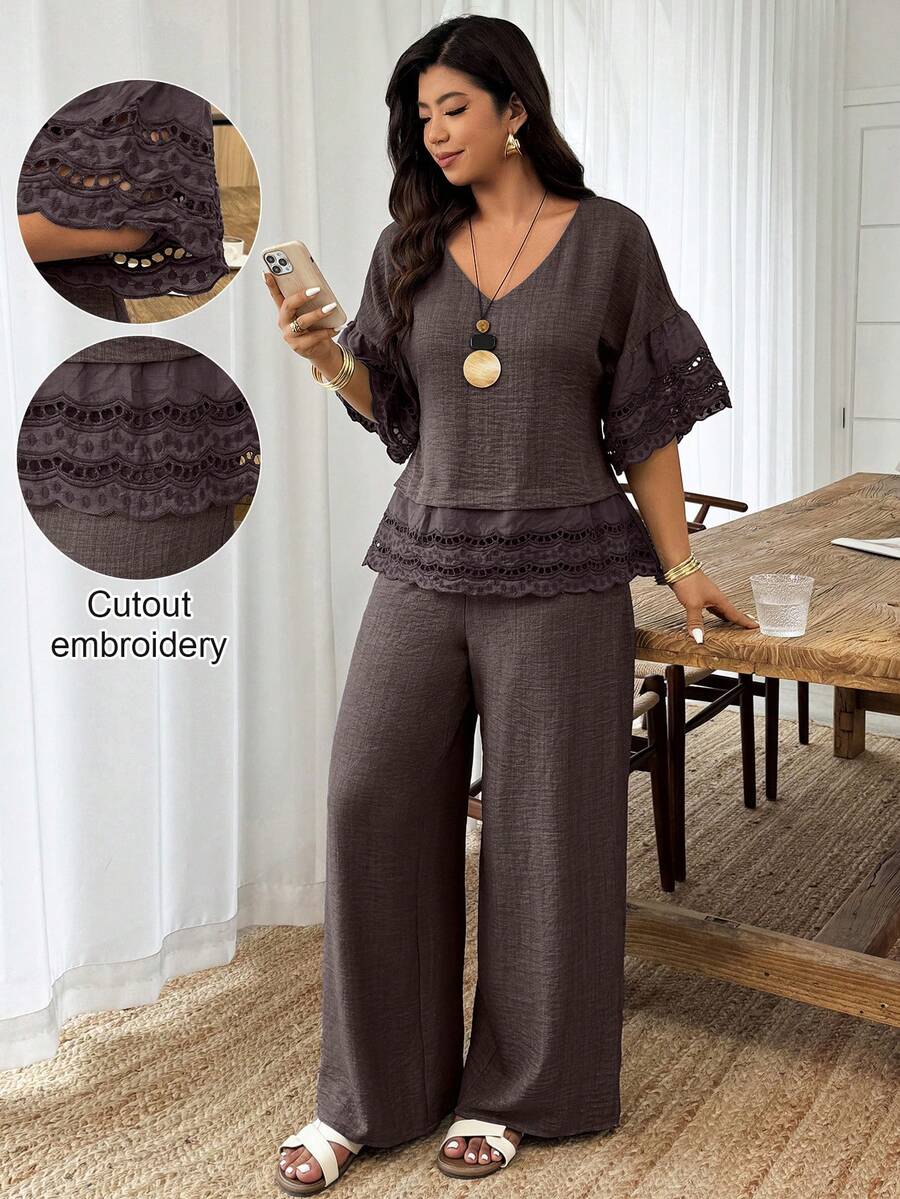 Weeklong 2pcs/Set Plus Size Women's Floral Trim Sleeve & Hem Round Neck Loose Top And Straight Leg Pants, Suitable For Vacation And Daily Wear, Spring/Summer - Brown - View 1
