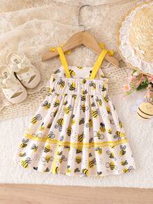 SHEIN Playful Pals 女嬰可愛卡通蜜蜂印花對比色綁肩無袖A字軟休閒洋裝，夏季 - 黃色 - 查看 3