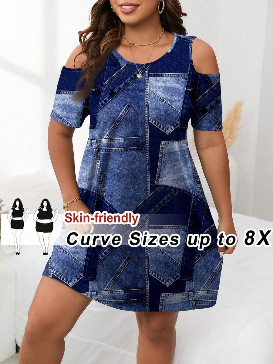 SHEIN CURVE+ Đầm cỡ lớn màu xanh navy tối giản, chất liệu vải dệt họa tiết, thích hợp cho du lịch và nghỉ hè. - Nhiều màu - Xem 1
